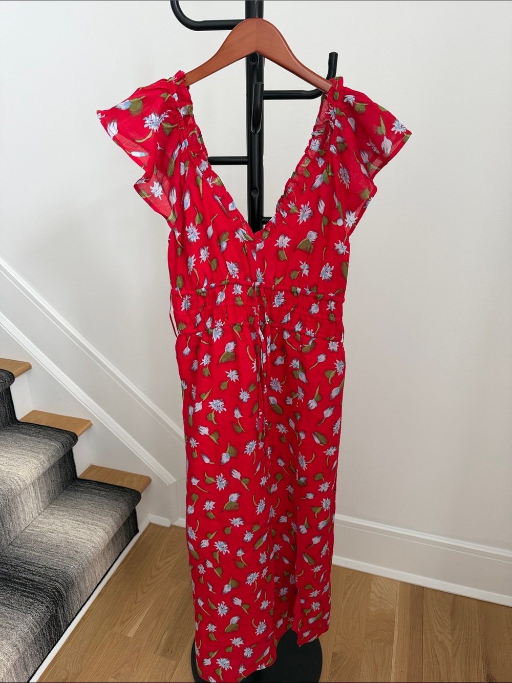 J. Crew Red Floral Ruffle-Sleeve Maxi Dress